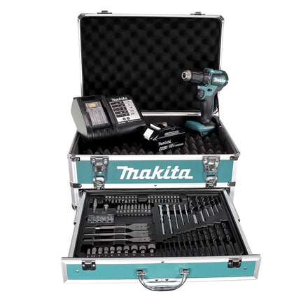 Taladro atornillador inalámbrico Makita DDF 483 SMX4 18 V 40 Nm sin escobillas + 1x batería 4,0 Ah + cargador + 70 piezas. Juego de brocas + estuche