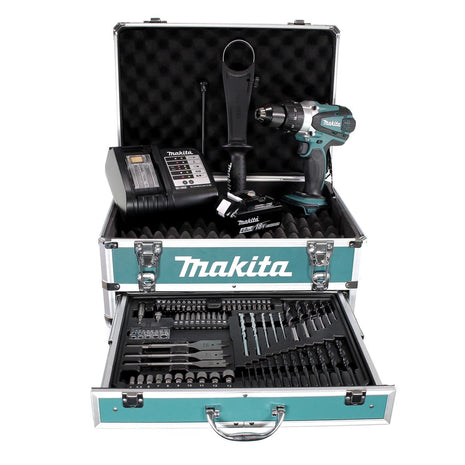 Taladro percutor inalámbrico Makita DHP 458 SMX4 18 V 91Nm + 1x batería 4,0Ah + cargador + 70 piezas. Juego de brocas + estuche