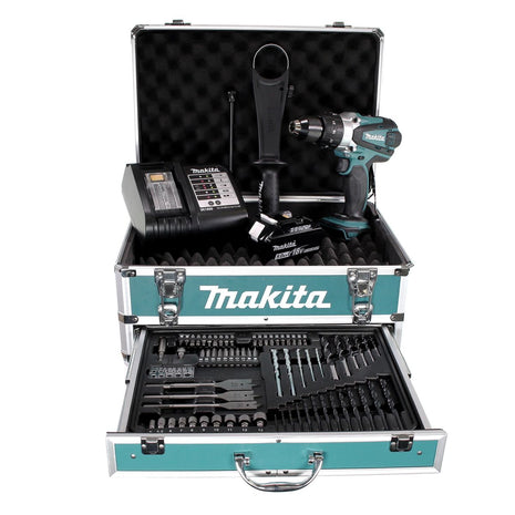 Taladro percutor inalámbrico Makita DHP 458 STX4 18 V 91Nm + 1x batería 5,0Ah + cargador + 70 piezas. Juego de brocas + estuche