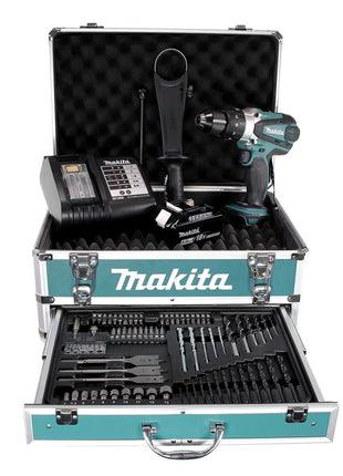 Taladro percutor inalámbrico Makita DHP 458 SGX4 18 V 91Nm + 1x batería 6,0Ah + cargador + 70 piezas. Juego de brocas + estuche