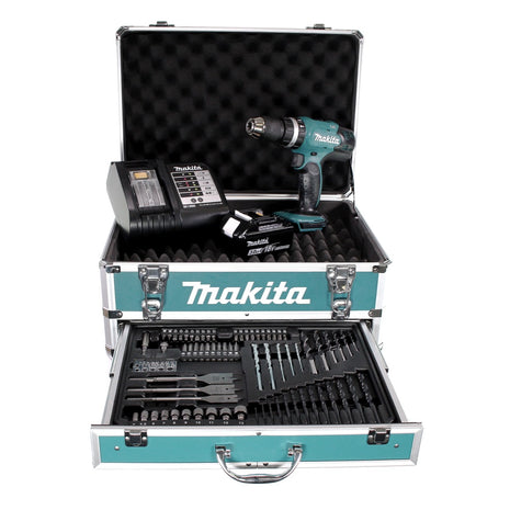 Taladro percutor inalámbrico Makita DHP 453 SFX4 18 V 42Nm + 1x batería 3.0Ah + cargador + 70 piezas. Juego de brocas + estuche