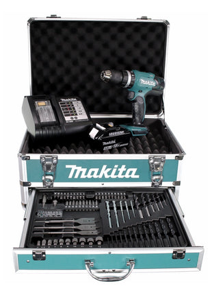 Taladro percutor inalámbrico Makita DHP 453 STX4 18 V 42Nm + 1x batería 5,0Ah + cargador + 70 piezas. Juego de brocas + estuche