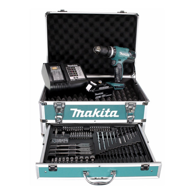 Taladro percutor inalámbrico Makita DHP 453 STX4 18 V 42Nm + 1x batería 5,0Ah + cargador + 70 piezas. Juego de brocas + estuche