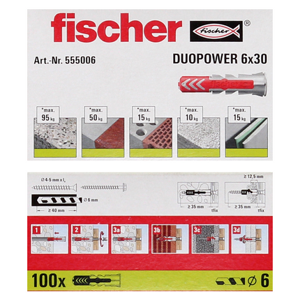 Taco de expansión Fischer DUOPOWER 6x30mm 500 piezas (5x 555006)