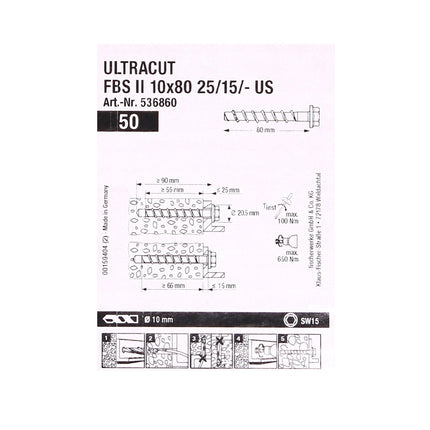 Fischer ULTRACUT FBS II Betonschrauben 10x80mm 25/15/- 100 Stk. Sechskantkopf SW15 ( 2x 536860 ) + Makita NEMESIS 2 SDS-Plus 10x215mm ( B-58213 )