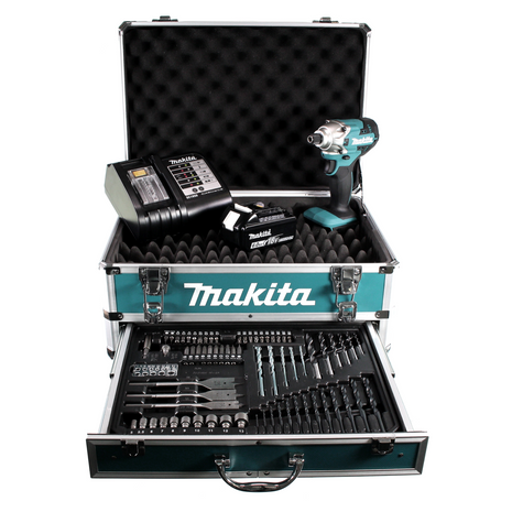 Makita DTD 156 SG1X4 clé à chocs sans fil 18V 155Nm + 1x batterie 6,0Ah + chargeur + jeu de 70 forets + coffret à outils en aluminium X4 avec insert universel