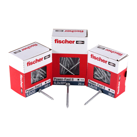 Fischer Power-Fast II FPF II Vis à bois aggloméré 6,0x120mm, Tête fraisée, Empreinte Torx, filetage total, Zingué blanc et passivé bleu - 100 pcs. (670460)