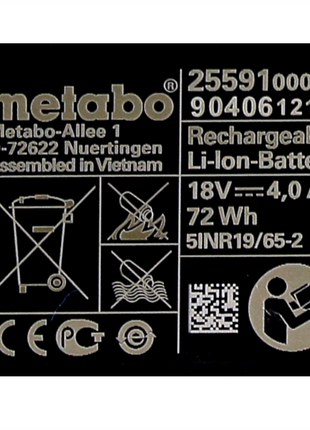 Metabo Battery Set : 4x Li-Power Batteries 4.0 Ah 18 V CAS Li-Ion with charge level indicator (4x 625027000)