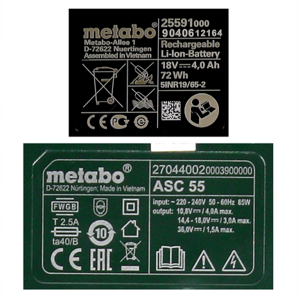 Metabo basic set 2x Li-Power battery pack 18 V 4.0 Ah CAS Li-Ion battery ( 2x 625591000 ) + charger ASC 55 ( 627044000 )