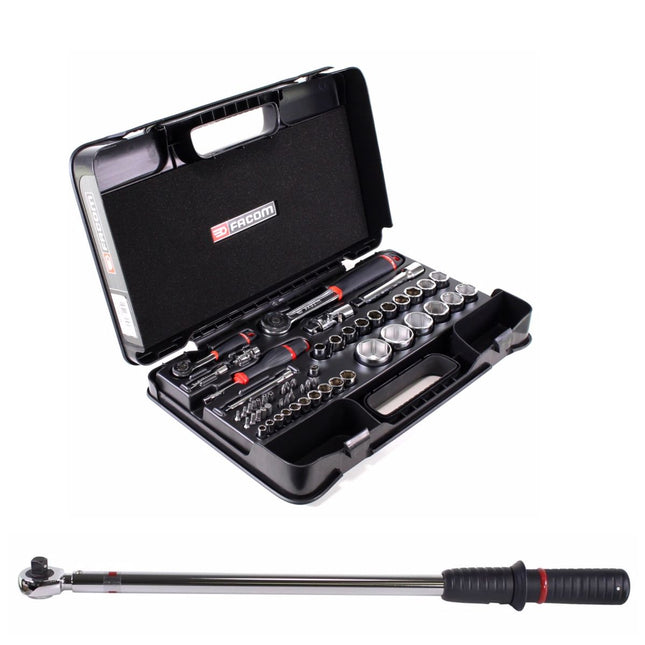 Facom Set Drehmomentschluessel 1/2" 60 - 340Nm ( S.208-340 )  + 55 tlg. Steckschlüssel Satz 1/4" + 1/2" ( RS.161-2 )