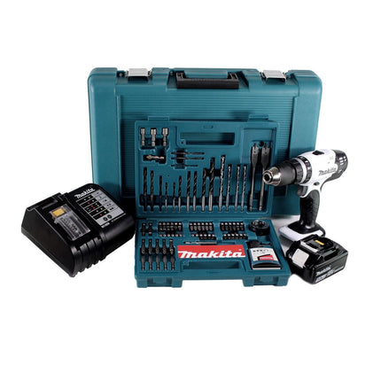 Makita DHP 453 STTK W Perceuse-visseuse à percussion sans fil 18V 42Nm + 1x Batterie 5,0Ah + Chargeur + 100x pièces Ensemble foret + Coffret de transport