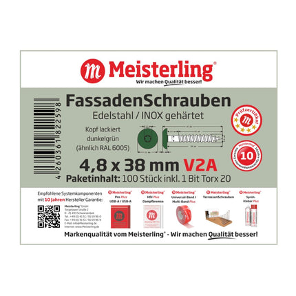 Meisterling Vis de façade 4,8x38 mm - 100 pièces (010020000241) tête plate 12 mm vert foncé + Filetage partiel Torx acier inoxydable V2A