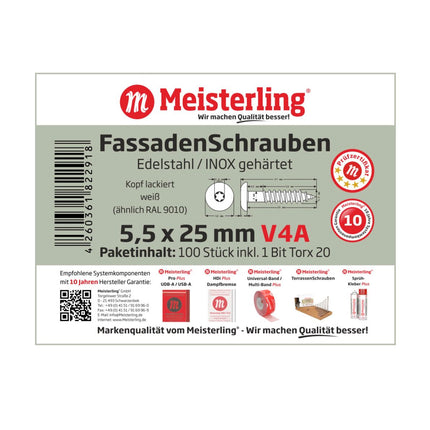 Meisterling Vis de façade 5,5x25 mm - 100 pièces (010030000001) 12 mm tête plate blanche + Filetage partiel Torx V4A acier inoxydable
