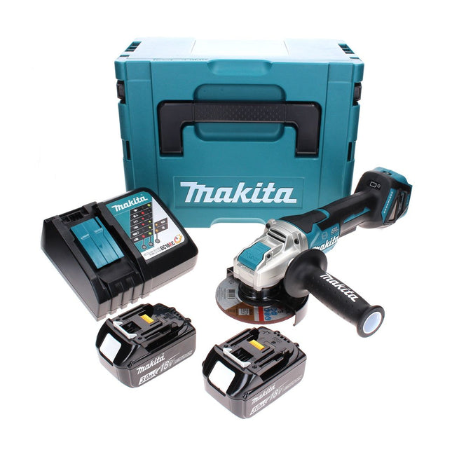 Makita DGA 519 RFJ cordless angle grinder 18 V 125 mm Brushless X-Lock + 2x rechargeable battery 3.0 Ah + charger + Makpac