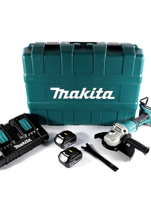 Makita DGA 900 PTK Akku Winkelschleifer 36 V ( 2x 18 V ) 230 mm Brushless + 2x Akku 5,0 Ah + Doppelladegerät + Koffer