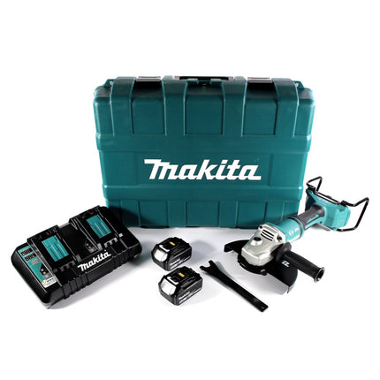 Amoladora angular a batería Makita DGA 900 PTK 36 V (2x 18 V) 230 mm sin escobillas + 2x batería 5,0 Ah + cargador doble + maletín