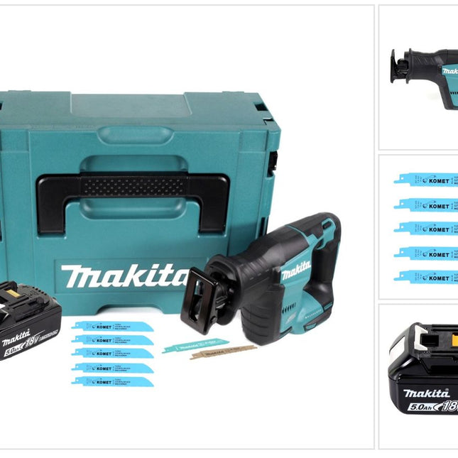 Makita DJR 188 T1J Akku Reciprosäge 18 V Brushless + 1x Akku 5,0 Ah + 5x Sägeblatt Metal Wood + Makpac - ohne Ladegerät - Toolbrothers