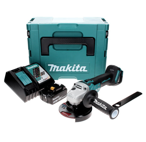 Makita DGA 506 RT1J Smerigliatrice angolare a batteria 18V 125mm Brushless + 1x Batteria 5,0Ah + Caricabatterie + Valigetta Makpac