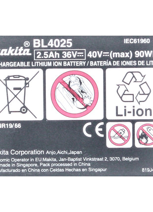 Batería Makita BL 4025 40 V máx. 2,5 Ah XGT Li-Ion (191B36-3) Clase de protección IP64 con pantalla LED