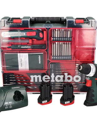 Metabo PowerMaxx BS Basic Set Perceuse visseuse 34 Nm 10,8 V + 2x Batteries 2,0 Ah + Chargeur + Coffret + Jeu de forets, 64 pcs. ( 600080880 )