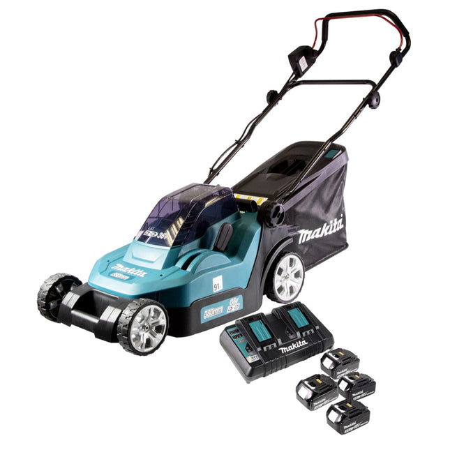 Makita DLM 432 PF4 Akku Rasenmäher 36 V ( 2x 18 V ) 43 cm Brushless + 4x Akku 3,0 Ah + Doppel Ladegerät