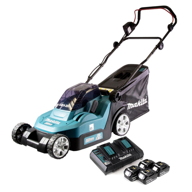 Makita DLM 432 PM4 cordless lawn mower 36 V ( 2x 18 V ) 43 cm brushless + 4x battery 4.0 Ah + double charger