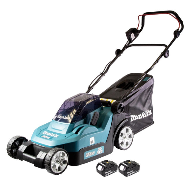 Cortacésped sin cable Makita DLM 432 T2 36 V (2x 18 V) 43 cm sin escobillas + 2x Baterías 5.0 Ah - sin cargador