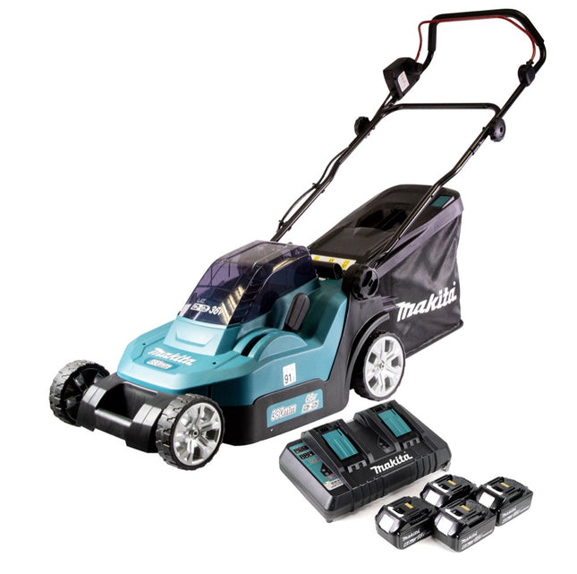 Makita DLM 432 PG4 cordless lawn mower 36 V ( 2x 18 V ) 43 cm brushless + 4x battery 6.0 Ah + double charger