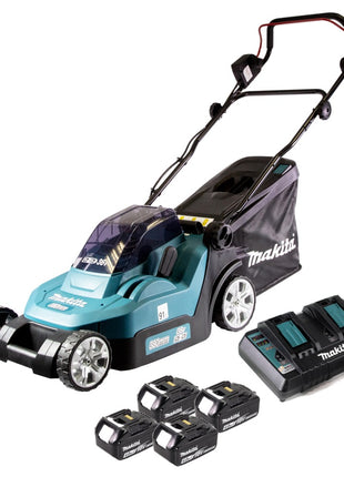 Makita DLM 382 PM4 cordless lawn mower 36 V ( 2x 18 V ) 38 cm 40 l + 4x battery 4.0 Ah + double charger