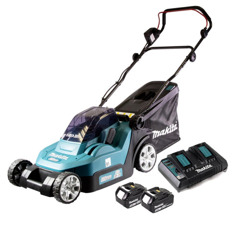 Makita DLM 382 PT2 Cordless Lawnmower 36 V ( 2x 18 V ) 38 cm 40 l + 2x Batteries 5.0 Ah + 1x Twin Port Charger