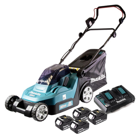 Makita DLM 382 PT4 cordless lawn mower 36 V ( 2x 18 V ) 38 cm 40 l + 4x battery 5.0 Ah + double charger