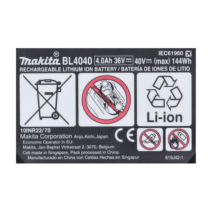 Kit di alimentazione Makita 40 V max. con 3 batterie BL 4040 da 4,0 Ah XGT ( 3x 191B26-6 ) + caricabatterie rapido DC 40 RA XGT LXT ( 191E07-8 )