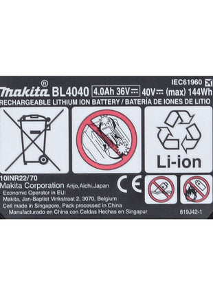 Kit di alimentazione Makita 40 V max. con 4x batterie BL 4040 4,0 Ah XGT ( 4x 191B26-6 ) + caricatore rapido DC 40 RA XGT LXT ( 191E07-8 )