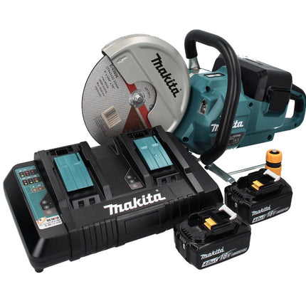Makita DCE 090 PM2X1 amoladora de corte a batería 36 V (2x 18 V) 230 mm sin escobillas + 2x batería 4,0 Ah + doble cargador
