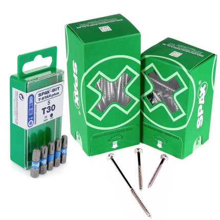 SPAX Bit T-STAR plus Set T30 - 6.4 x 25 mm - 5 pcs. + HI.FORCE Flat Head Screw 6.0 x 60 mm - 100 pcs. (5000009182309) (0251010601605)