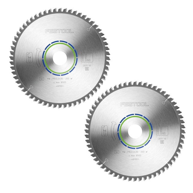 Festool Spezial Kreissägeblatt Set 2x HW 216 x 30 x 2,3 mm W60 ( 2x 491051 ) 216 mm 60 Zähne - Toolbrothers