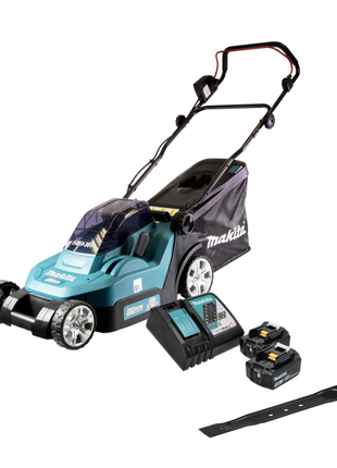 Makita DLM 382 RF2 cordless lawn mower 36 V ( 2x 18 V ) 38 cm 40 l + 2x battery 3.0 Ah + charger + sickle blade