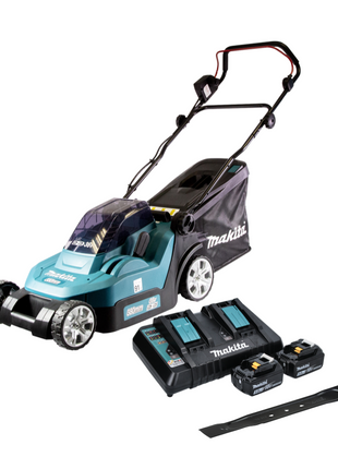 Makita DLM 382 PT2 cordless lawn mower 36 V ( 2x 18 V ) 38 cm 40 l + 2x battery 5.0 Ah + double charger + sickle blade