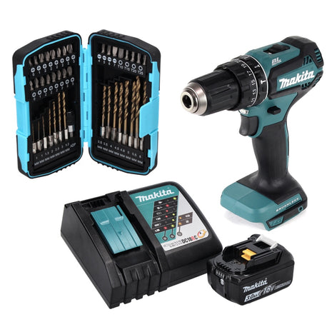 Taladro percutor inalámbrico Makita DHP 485 RF1 18 V 50 Nm sin escobillas + 1x batería 3,0 Ah + cargador + juego de brocas de 40 piezas