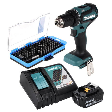 Makita DDF 485 RF1 Akku Bohrschrauber 18 V 50 Nm Brushless + 1x Akku 3,0 Ah + Ladegerät + 100 tlg. Bit Set