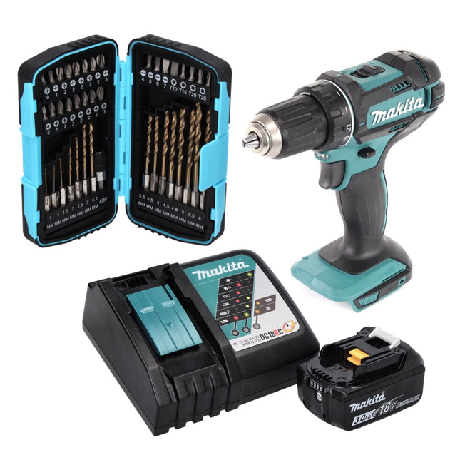 Makita DDF 482 RF1 Akku Bohrschrauber 18 V 62 Nm + 1x Akku 3,0 Ah + Ladegerät + 40 tlg. Bit Bohrer Set