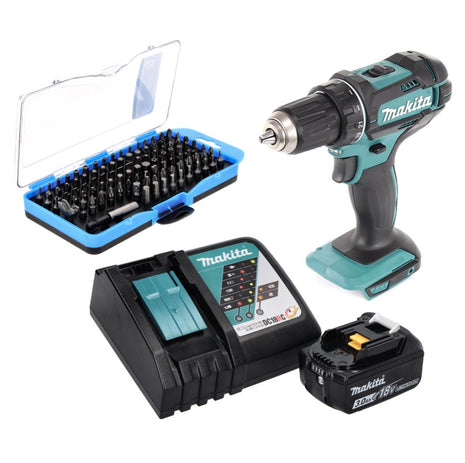 Makita DDF 482 RF1 taladro atornillador inalámbrico 18 V 62 Nm + 1x batería 3,0 Ah + cargador + juego de puntas 100 piezas