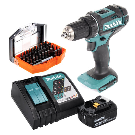 Makita DDF 482 RF1 Cordless Drill Driver 62Nm 18V + 1x Battery 3.0Ah + Charger + Bit set - 44 pieces