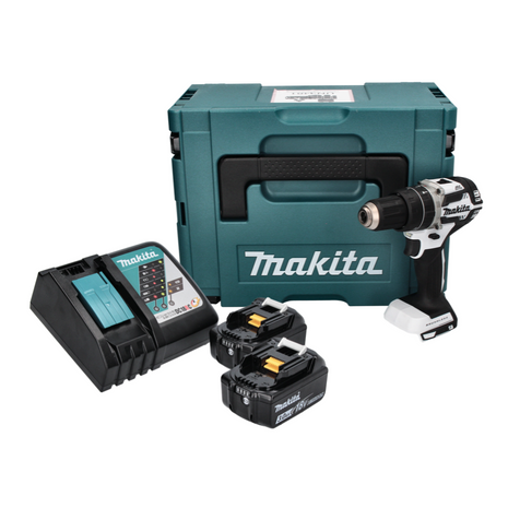 Makita DHP 484 RFJ W Taladro percutor inalámbrico 18 V 54 Nm sin escobillas blanco + 2x baterías 3,0 Ah + cargador + Makpac