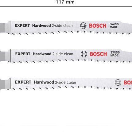 Bosch EXPERT Hardwood 2 side clean T 308 BF / BFP juego de hojas de sierra de calar 117 mm 3 piezas (2608900549) bimetálica