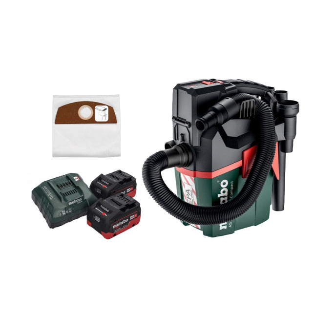 Metabo AS 18 HEPA PC Compact Akku Sauger 18 V 6 l Nass und Trocken Sauger mit Blasfunktion + 2x Akku 5,5 Ah + Ladegerät + 5x Filterbeutel
