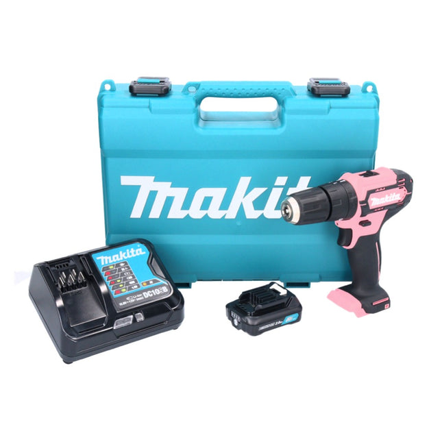 Makita HP 333 DSAP Akku Schlagbohrschrauber 12 V 30 Nm rosa + 1x Akku 2,0 Ah + Ladegerät + Koffer