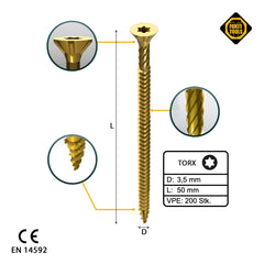 FORTE Tools Universal Holzschraube 3,5 x 50 mm T15 200 Stk. ( 000051399471 ) gelb verzinkt Torx Senkkopf Vollgewinde - Toolbrothers