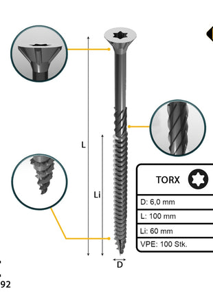 FORTE Tools Universal Holzschraube 6,0 x 100 mm T30 100 Stk. ( 000040113886 ) silber verzinkt Torx Senkkopf Teilgewinde - Toolbrothers