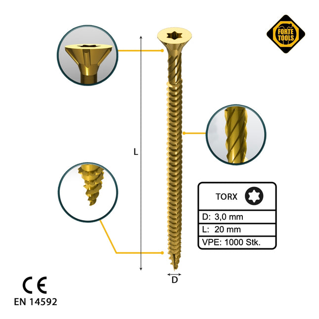 FORTE Tools Vis à bois universelles 3,0 x 20 mm T10, Galvanisée jaune, Tête fraisée Torx, Filetage total, 1000 pcs.